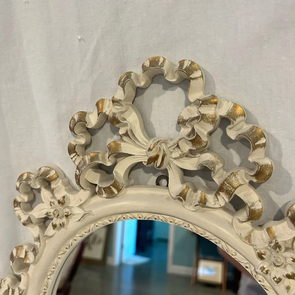 Vintage Syroco wood white and gold frame mirror, Victorian, bow